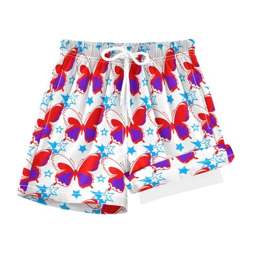 YANENDIE Boy Swim Trunks with Compression Liner Red Butterflies Stars Boys Swim Shorts Quick Dry Beach Shorts