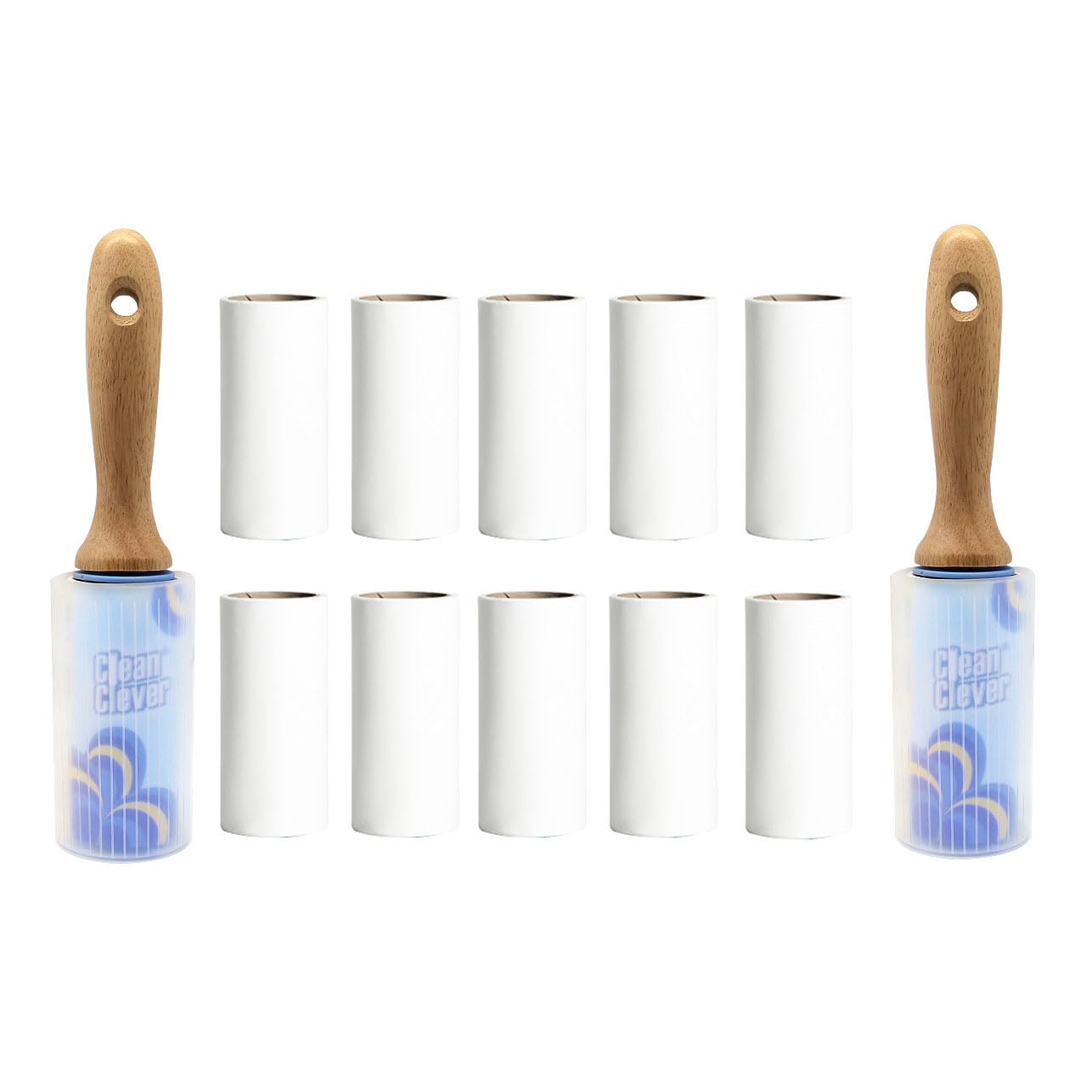 Wiederverwendbarer Fusselroller Set mit 12 Nachfüllrollen - Ökologischer Haarentferner mit Holzgriff, 60 Blätter/Rolle für Kleidung & Möbel