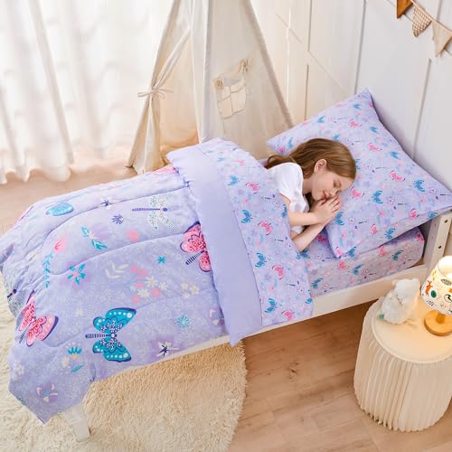 Image of lasoftan Butterfly Toddler Bedding Set for Girls, 4 Piece Bed-in-a-Bag Toddler Comforter Sets, Super Soft Comforter Sheet Set and Comfortable Microfiber Toddler Bed Set