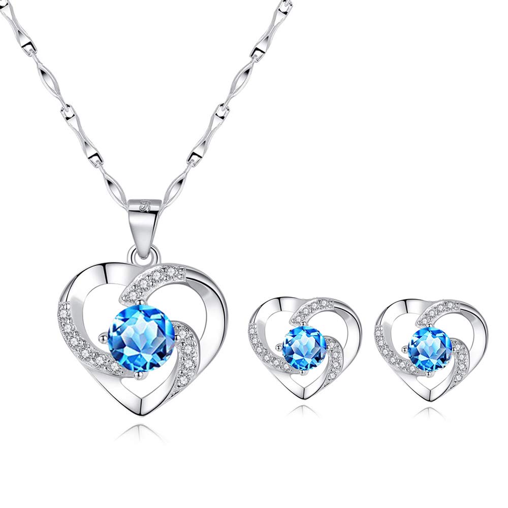 Silver Jewellery Set for Women, 925 Sterling Silver Heart Stud Earrings, Silver Necklace Pendant Set with White/Blue/Purple Cubic Zirconia, Gift for Girlfriend Mother Wife