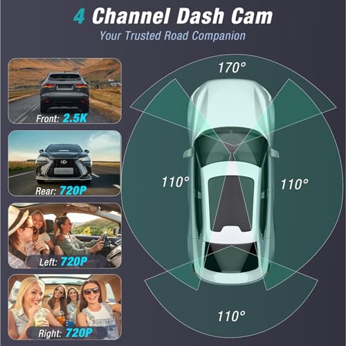4 Channel 2.5K Dash Cam Front Rear Left Right, 170° Wide Angle Car Dash Camera with 5GHz WiFi & App Control, G-Sensor, Super Night Vision, 24H Parking Monitor, Loop Recording, 64GB SD Card Included - Image 4