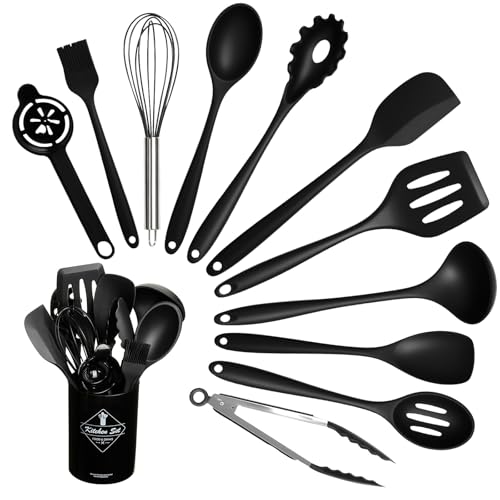 VINATO 12-teiliges Küchenhelfer Set aus Lebensmittelechtem Silikon & Edelstahl, inklusive Aufbewahrungseimer, Küchenutensilien, BPA-frei für Backen und Braten, Schwarz