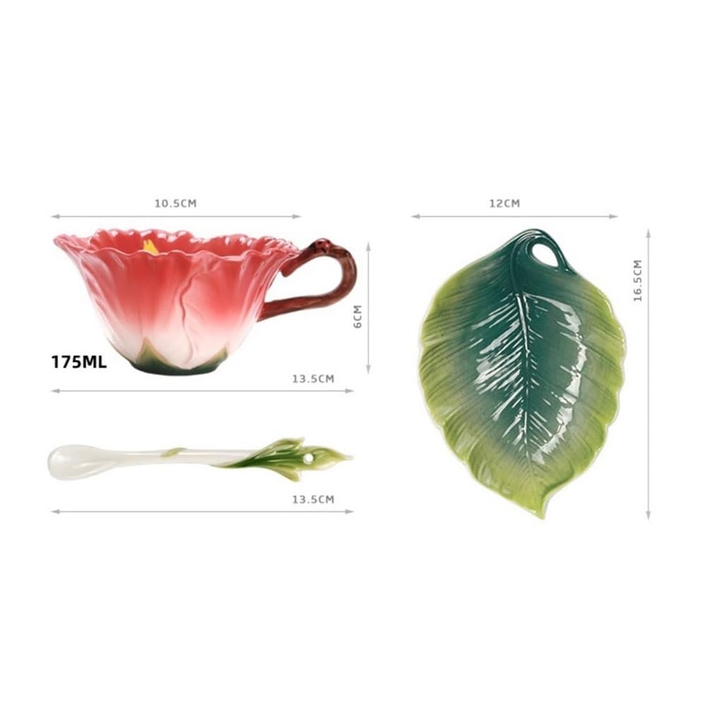Becher, Tasse, Kreative Pastorale handbemalte Emaille-Farbtasse, Keramiktasse, blumenförmige Kaffeetasse mit Tassenteller und Löffel,Kaffeebecher
