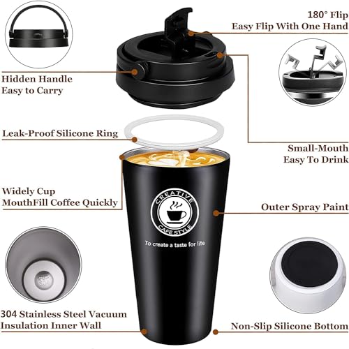Image of Travel Mug, Insulated Coffee Cup Reusable with Leakproof Lid & Handle, Double Wall Vacuum Stainless Steel Car Coffee Mug for Hot and Cold Water Coffee and Tea, 500ml (Black)