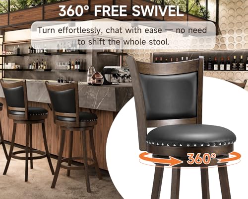 Butacos Giratorios PrimeZone, Altura de Barra 30 Pulgadas, Asiento Acolchado en Cuero Sintético Negro y Espalda Alta, Estructura de Madera de Caucho Sólida con Reposapiés, para Pub o Isla de Cocina – Juego de 2 miniatura 4