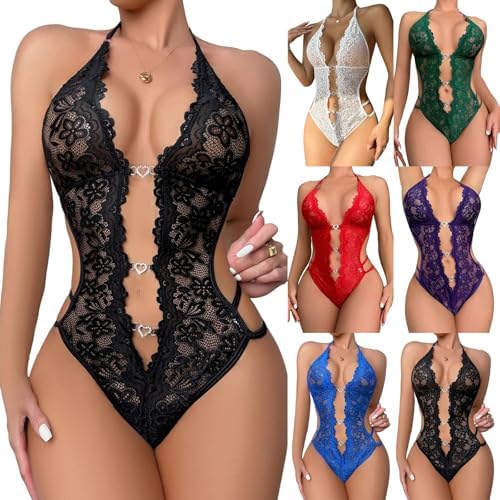 Sexy Onesie Bodysuit For Women Backless Halter Neck Deep V Neck Open Front Nightgowns Floral Lace See Through Lingerie
