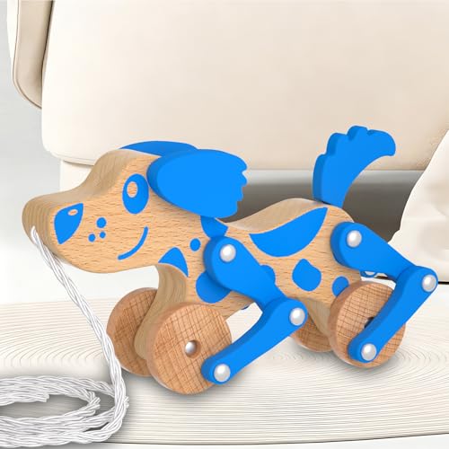 Image of Montessori Toys 1 2 3 4 Years Old Boys Girls Wooden Walking Pull Dog Toy for Baby Toddler, Pull Along Walking Toys, Walk Along Puppy Pull, Wooden Pull & Push Toy (Blue)