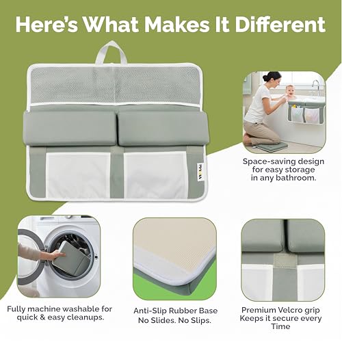 Image of Wobbi Baby Bath Kneeler and Elbow Rest Pad Set - 1.5 inch Thick Memory Foam Knee Pad for Bathing Babies - 6 Suction Cups Non Slip Bath Kneeling pad with Toy Storage - Foldable & Quick Drying (Green)