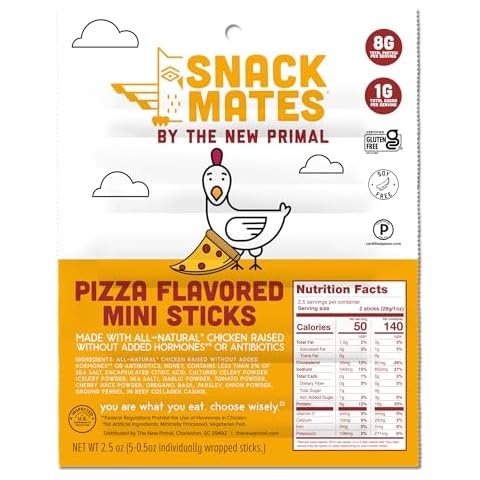 Snack Mates by The New Primal, Chicken Pizza Meat Stick, All Natural Chicken, High Protein and Low Sugar Kids Snack, Certified Paleo, Certified Gluten Free, Lunchbox Friendly, 0.5 oz, Pack of 5 Cover