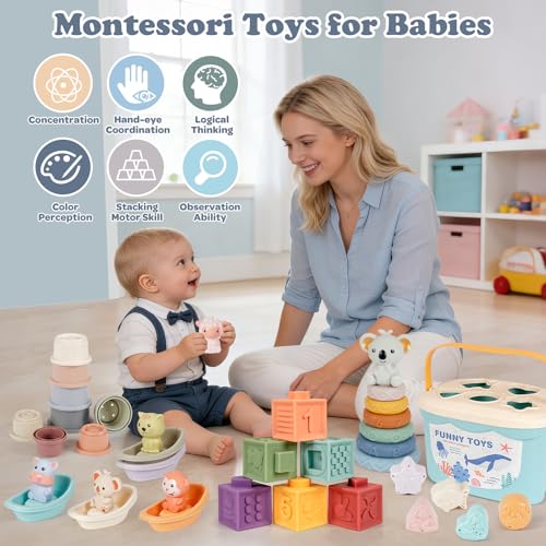 Image of Montessori Baby Toy for Infant 6-18 Months Learning Sensory Toy 6-12 Months | Shape Sorting Stacking Toys 6 Months Babies Gift Stacking Cups Soft Blocks Stackable Ring for Toddlers 1-3 Fine Motor Skills