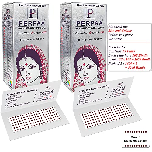 Image of PERPAA Kumkum Dark Maroon Round Bindi Book for Ladies Forehead Pack of 2-15 Flaps Each Box (Stick On) (08,Diameter 2.5mm)