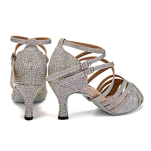 Women's Latin Dance Shoes Open Toe Rhinestones Salsa Bachata Performance Ballroom Dancing Shoes,Model YC-D27-Suede Sole-3” Heel3