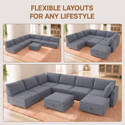 Image of 128 inch Chenille Modular Sofa Bed with Washable Covers & Storage, 8-Seater Modular Sectional Sleeper Sofa Bed with Movable Ottoman Chaise, Convertible Sleeper Sectional Couches for Living Room, Gray