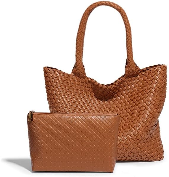 Woven Tote Bag for women,Vegan Leather Woven Satchel Handbag,Shoulder bag with Pouch,Hobo bag fits13-14” laptops | Hand woven leather