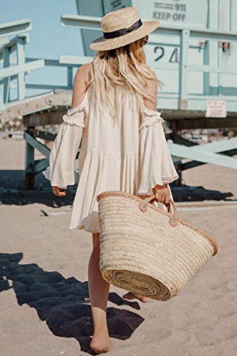 R.Vivimos Women Cotton Long Sleeve V Neck Cold Shoulder Casual Ruffles Loose Short Dresses (Medium, Beige)