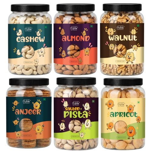 Image of LILA DRY FRUITS Dry Fruits Combo Pack Almonds, Cashews, Walnuts, Pistachios, Anjeer & Apricots 100 Gms x 6 Premium Mixed Dry Fruits Perfect for Gifting