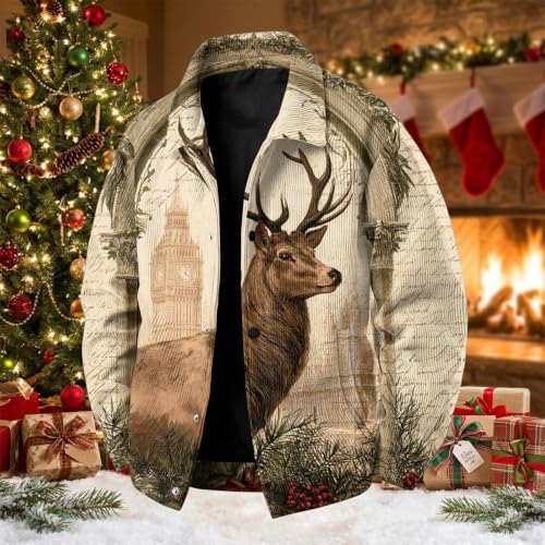 Mens Shirt Jacket Christmas Print Vintage Retro Oversized Shacket Coat - image 3