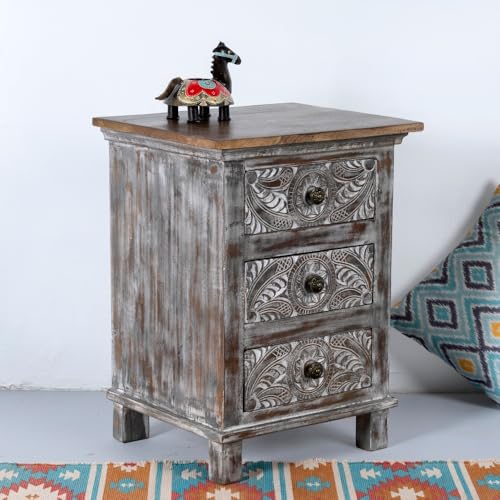 Image of Wooden Bedside Table for Bedroom | Solid Wood Seri Bedside Table with Drawers | Corner Side Table for Living Room | Traditional Handcrafted Furniture for Home Decor (Dark Grey Distress)