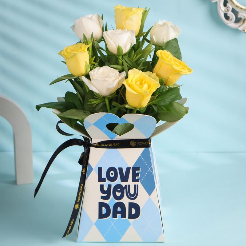 FlowerAura Premium Fresh Live Flower Bouquet of 8 Yellow & White Roses In Box For Birthday Gift & Father's Day Gift For Dad | Papa | Father-In-Law | Grandfather | Daddy | Baba (Same Day Delivery)-image-10