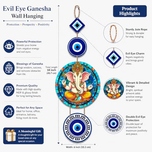 Image of Pack of 2 Owl Evil Eye Wall Hanging Decor, Colorful Wooden Nazar Protection Charm for Home, Entrance & Living Room, Vastu & Feng Shui Hanging (Multicolour) (Prosperity Ganesh)