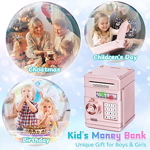 Refasy Piggy Bank Toy,Kids Toys Electronic Piggy Bank for Boys Girls Kids Safe ATM Bank Cash Coin Can for Children Money Bank Toys Money Saving Box Birthday Gift for Kid Age 3-12 (Rose Gold) by Refasy - Image 5