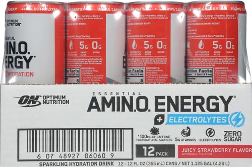 Image of Optimum Nutrition Amino Energy Sparkling Hydration Drink,Electrolytes,Caffeine,Amino Acids,BCAAs,Sugar Free,Juicy Strawberry,12 Fl Oz,(Packaging May Vary),12 Count (Pack of 2)