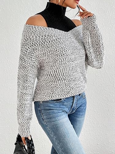 GORGLITTER Women's Cold Shoulder Long Sleeve Oversized Patchwork Sweater Trendy High Neck Fall Cozy Chunky Sweater Top3