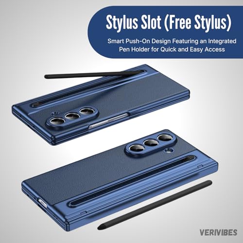 Image of Ultra Hybrid Luxury Leather Compatible with Samsung Galaxy Z Fold 7 (2025) | Built-in S Pen Holder | 360 Hinge Protection | Slim Shockproof Back Cover with Tempered Glass - Blue