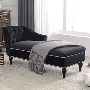 FIQHOME Indoor, 58″ Velvet Chaise, Button Tufted Right Arm Facing Chair with Nailhead Trim & Solid Wood Legs for Living Room or Office, Sleeper Lounge Sofa (Black)