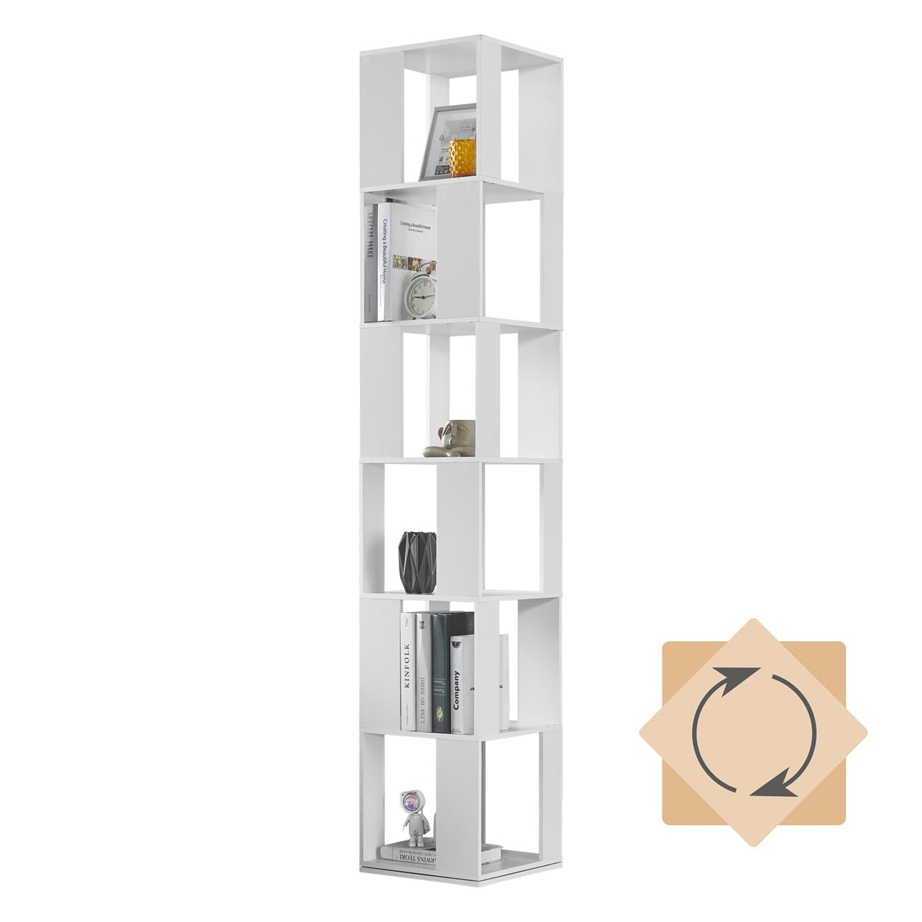 NICEME 190 cm Rotating Bookshelf, 6-Tier Corner Bookcase Book Storage Unit,Tall Display Shelf, Slim Bookshelves for Living Room, Library (White)