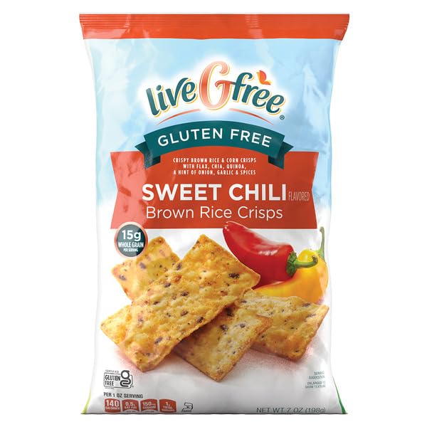 LiveGfree Whole Grain Gluten-Free Sweet Chili Crispy Brown Rice & Corn Crisps with Sesame, Flax, Chia, Quinoa, and Spices - 1 Bag (7 oz.)
