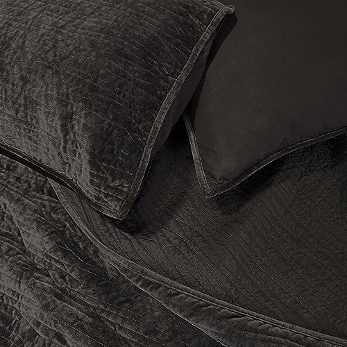 Image of Wonderful Velvet Quilt Set - Wood-Grain Stitched Brownish Black Quilt Queen Size, Velvet Lightweight Comforter with 2 Pillow Shams, Luxurious Suede Bedspread Coverlet for All Season, 94 inchx94 inch