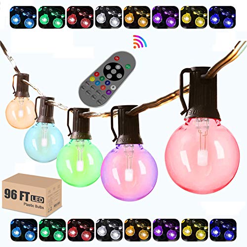 Color Changing String Lights with Remote - 96ft RGB Outdoor LED Colored String Lights Waterproof with 50 G40 Globe Dimmable Shatterproof bulbs for Party Gazebo Pergola Café Ambience String Lights
