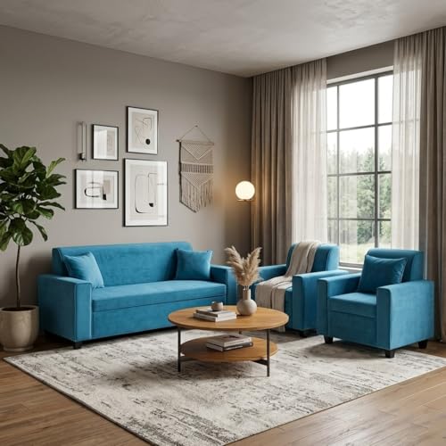 Image of FURNY QualityWood 3 Seater + 1 Seater + 1 Seater Fabric Sofa Set (Aqua Blue) with Velvet Finish | Durable Comfort | Ideal for Living Room