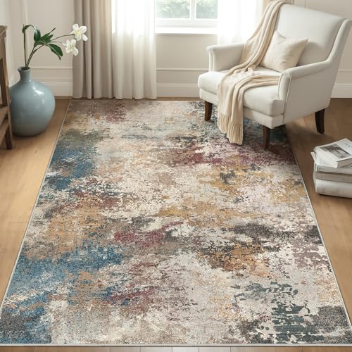 Area Rugs 8x10 Machine Washable Area Rugs for Living Room Bedroom Dining Room, Large Modern Abstract Colorful Soft Rugs, Indoor Low Pile Carpet with Non Slip Rubber Backing, Multi Beige