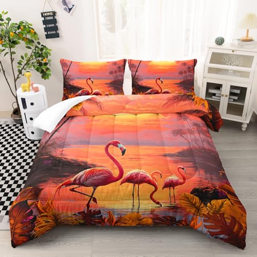 Image of AILONEN Pink Flamingos Comforter Set for Kids Girls Women Bedroom Decor Full Size,3-Piece Beach Sunset Bedding Sets,Hawaiian Style Duvet Set,1 Quilt + 2 Pillowcase,Soft Microfiber