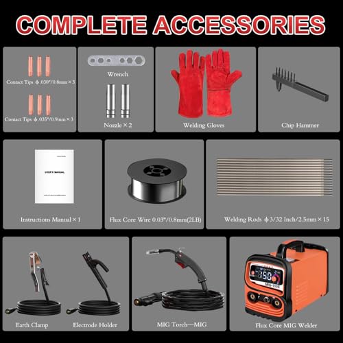 GNI Flux Core MIG Welder/Stick Welder/Lift TIG 3 IN 1 Welding Machine, Synergy 150A MIG Welder 110V, IGBT Inverter Welder Machine with Large LED Display, MINI Portable Gasless MIG Welder - Image 7