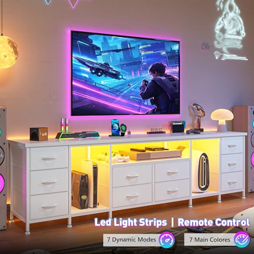 Image of 75.5 inch Long TV Stand for 85 /80 /75 inch TVs with LED, Power Outlets & 10 Drawers | White Television Stands with 2 Separate Wood Shelves, Spacious Storage,Sturdy Metal Frame for Bedroom Living Room
