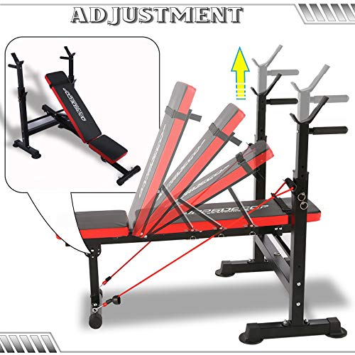 Adjustable Weight Bench Incline Seat Multi-Function Folding weight benches Fitness Workout Barbell Rack for Strength Training Home Gym (Red)