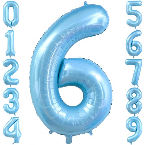 Image of Pastel Blue 6 Balloon Number, Light Blue 6 Balloons for Birthday Party | Number 6 Balloon,40 Inch,Pastel Blue,Helium-fillable,6 Foil Mylar Balloons,for Birthday Party Anniversary Decorations