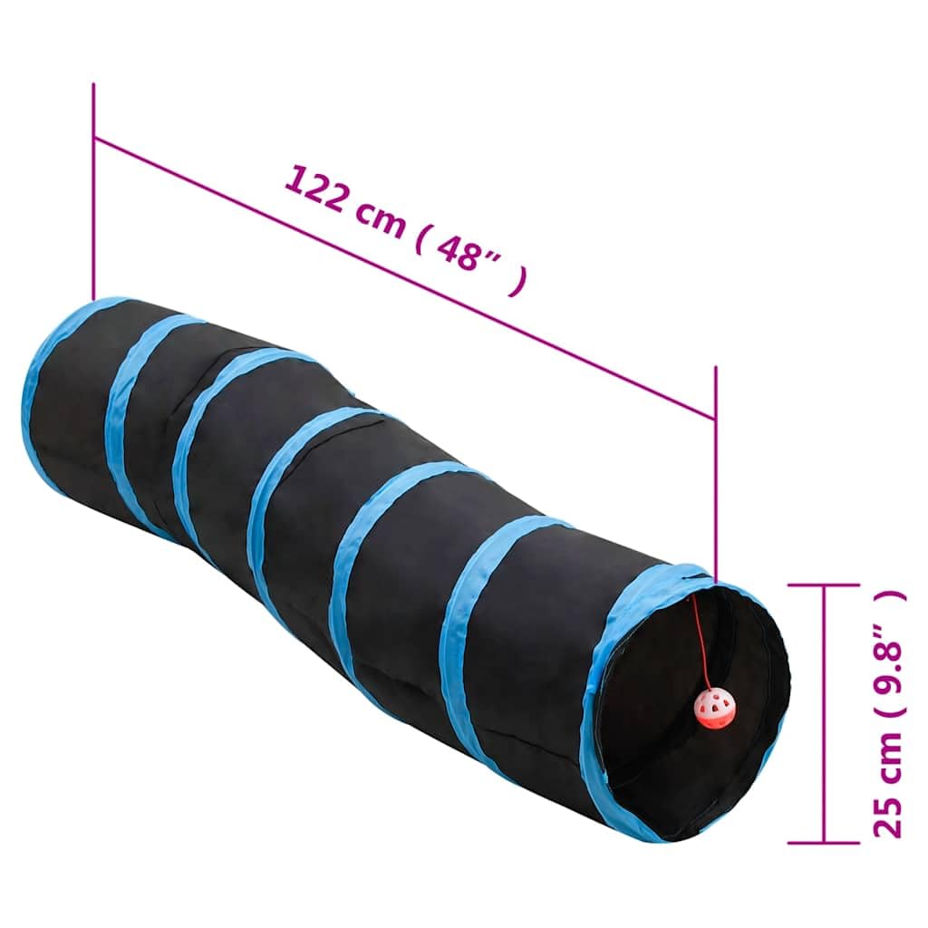 Katzentunnel in S-Form Schwarz Blau aus Polyester 122 cm lang mit Stahlrahmen und Guckloch, faltbar mit Tragetasche für Katzen Welpen Kaninchen geeignet Indoor Outdoor Spielspaß