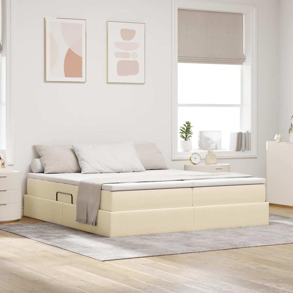 Letto portaoggetti con materasso, color crema, 200 x 200 cm, in poliestere, telaio in metallo, con rete a doghe, meccanismo di sollevamento idraulico, moderno letto imbottito per camera da