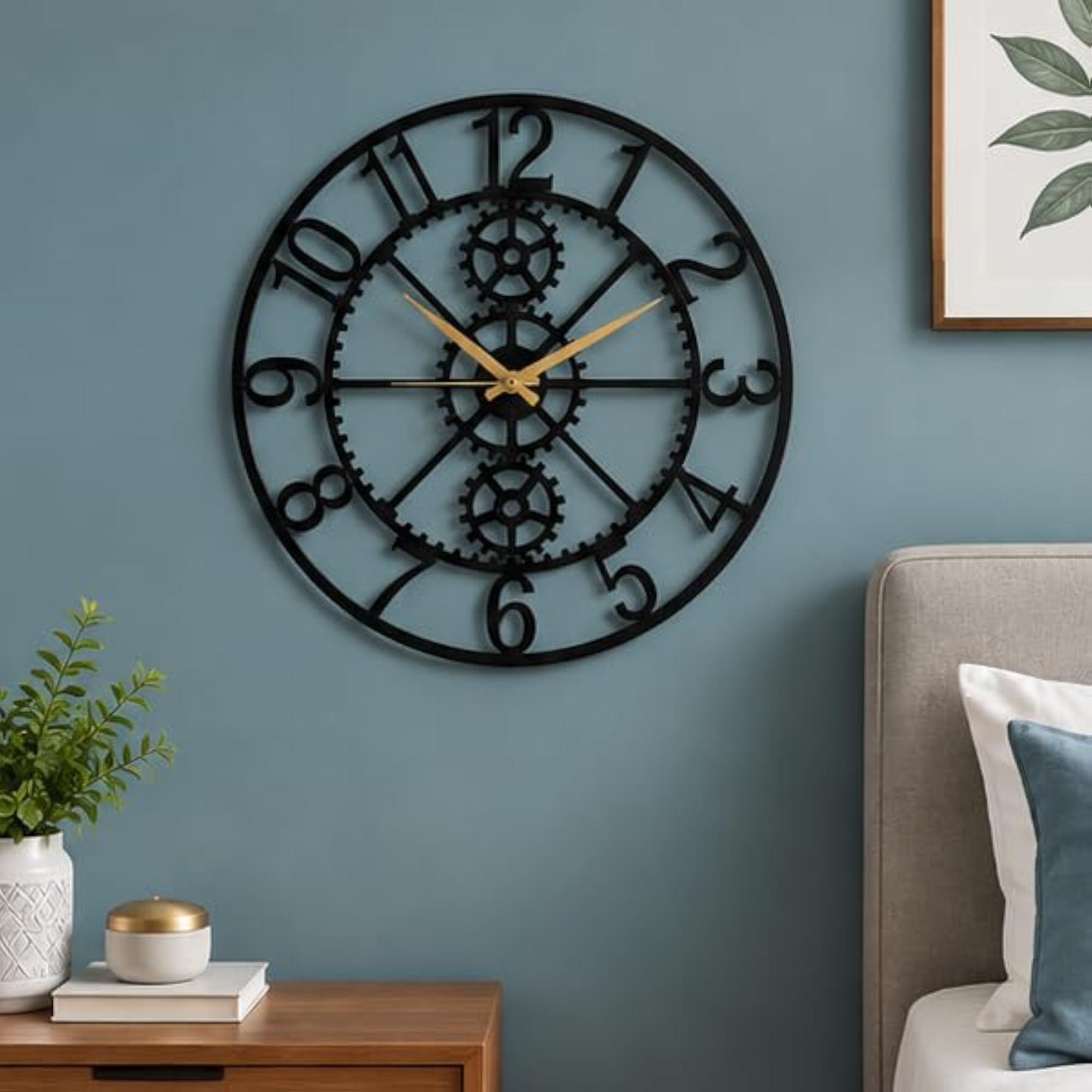 Industrial Gear Wall Clock, Black with Gold Hands
