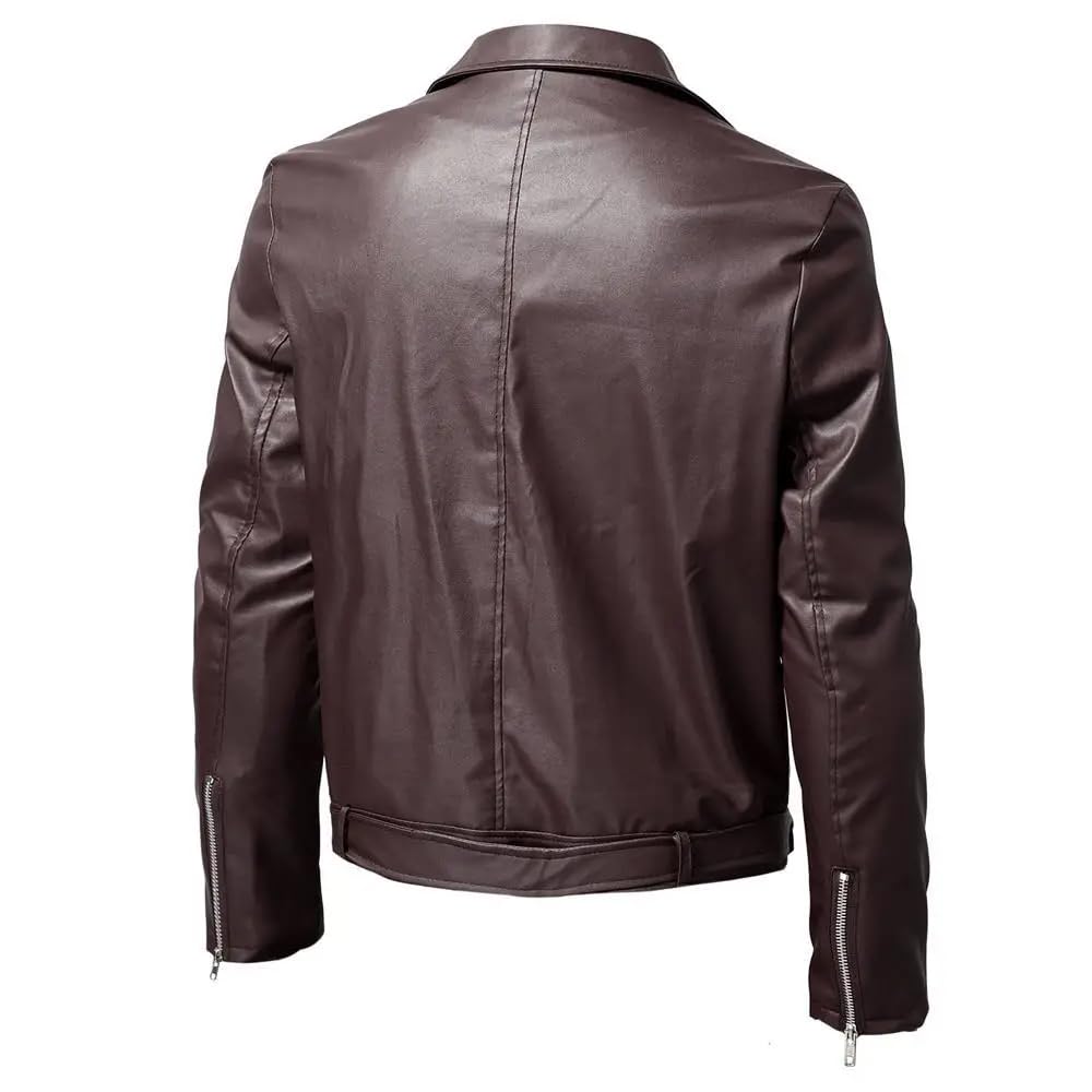 Kurtki Skórzane Męskie - Kurtka Skórzana Męska Pu Jednolity Kolor Casual Slim-Fit Zamek Błyskawiczny Długi Rękaw Kołnierz Odwijany Motocyklowa Skórzana Kurtka Płaszcz Odzież Męska