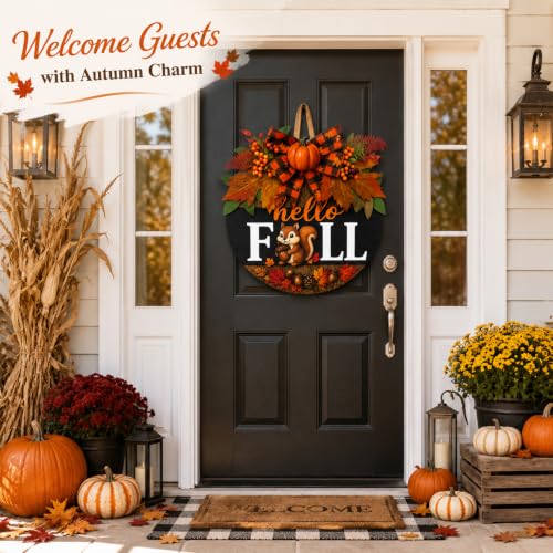 Image of Fall Wreaths for Front Door Hello Fall Squirrel Door Hanger Thanksgiving Decor (Cute Hello Fall)