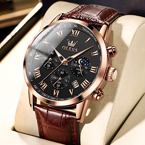 Image of OLEVS Men's Leather Analog Quartz Watch - Luxury Chronograph Wristwatch with Date, Waterproof, Luminous - Dress Style