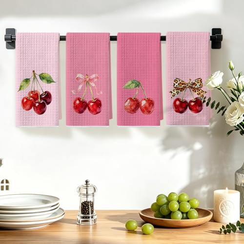 Image of 4 Pcs Cherry Hand Towels for Bathroom, Pink Preppy Bow Reusable Dish Towels | Waffle Weave Hand Cloth Tea Towel for Kitchen Bathroom Decor, Cherry Gifts for Women Friend 24x14 Inch