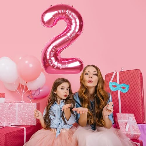 Image of 40 Inch Giant Hot Pink Number Balloon, Mylar Foil Helium Hot Pink Balloons for Birthday Party, Number 2 Balloon for Birthday Decorations, Hot Pink 2 Birthday Balloon