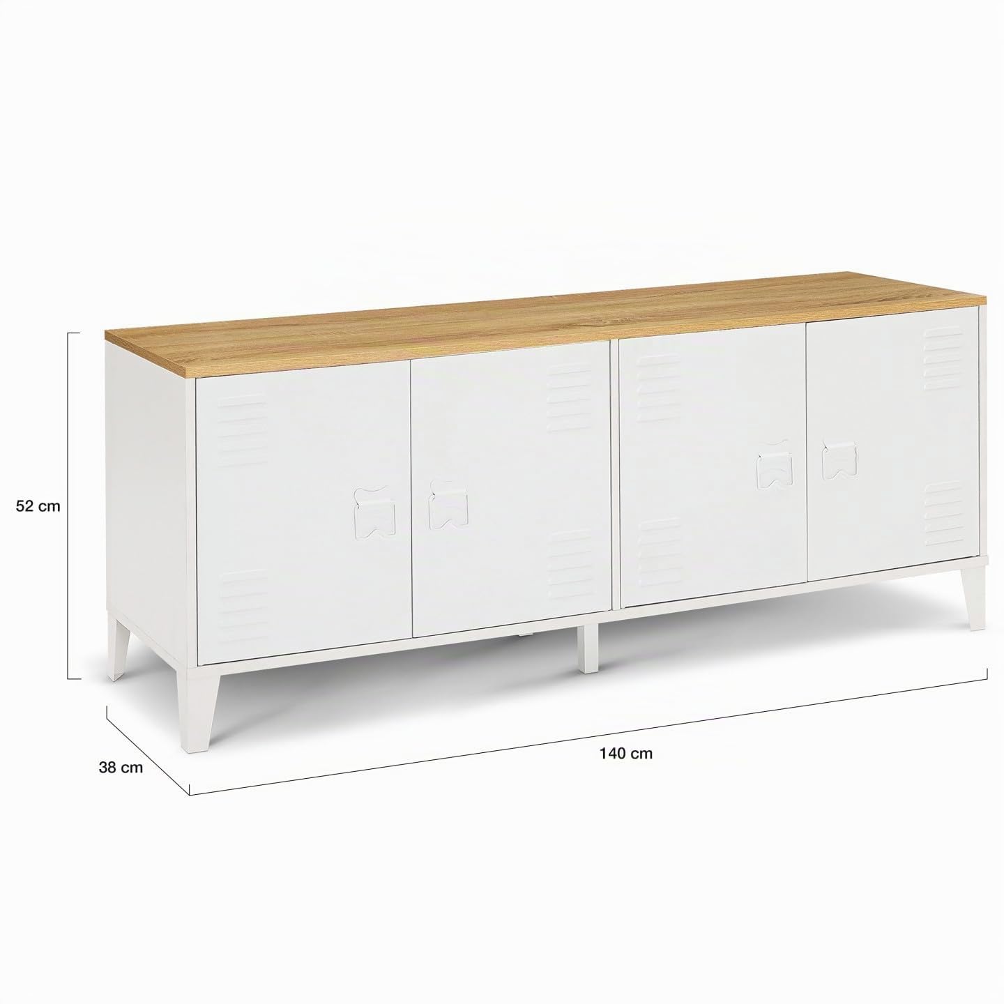 IDMarket – Aparador bajo 140 cm Ester 4 puertas metal blanco bandeja madera diseño industrial