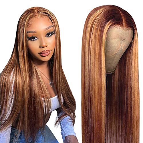 Highlight Straight 4-27 Colored Lace Front Wigs Human Hair 13x1x4 Brazilian Lace Front Human Hair Wigs Pre Plucked for Black Women T Shape Middle Part Strawberry Blonde to Brown Wig 14inch